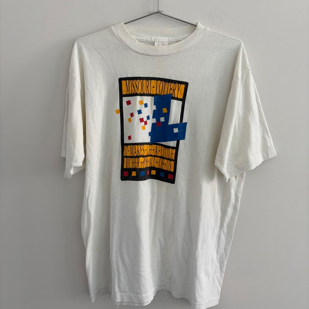 Vintage Alore Missouri Lottery Makes Us Richer Graphic T-Shirt XL White Mens